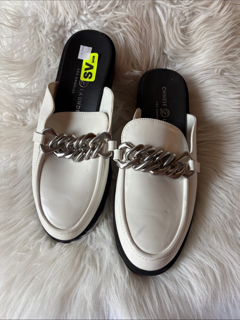 Chinese Laundry White Leather Chain-Trim Mules Size 9